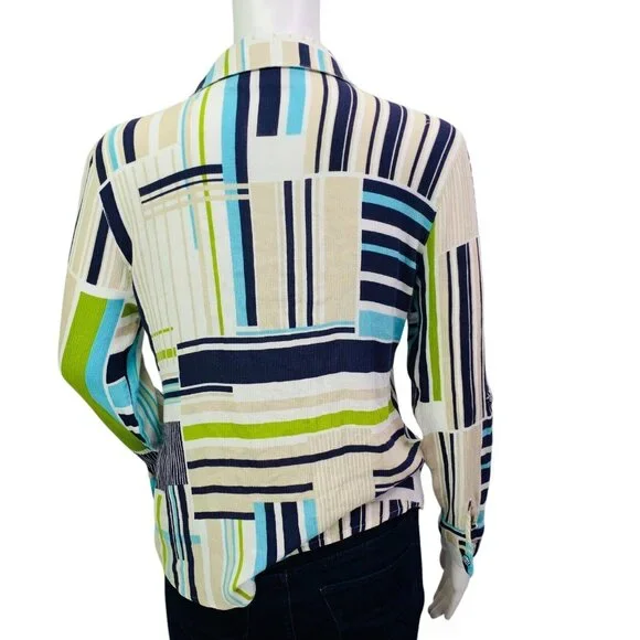 Chicos Womens Top Gauze Blue Green Mixed Stripe Roll Tab Sleeve Size 0 | S - Picture 6 of 12